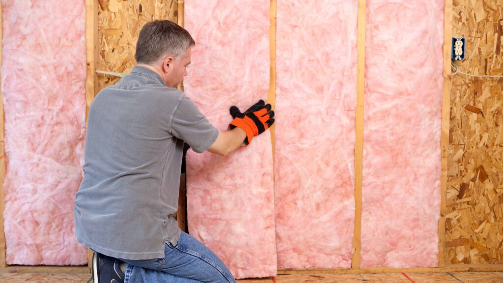 Man installing insulation in wall