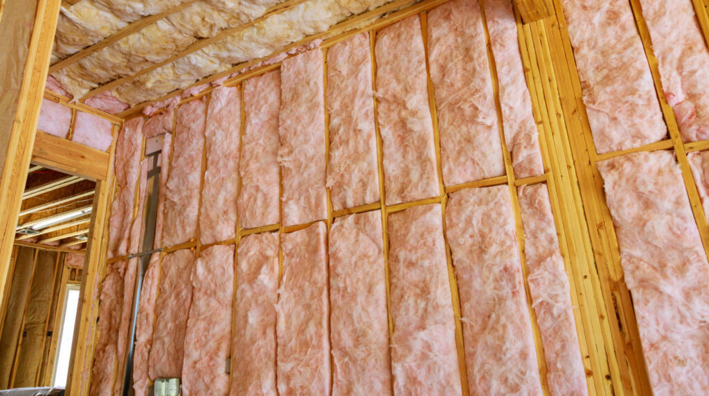 Pink insulation between wooden studs